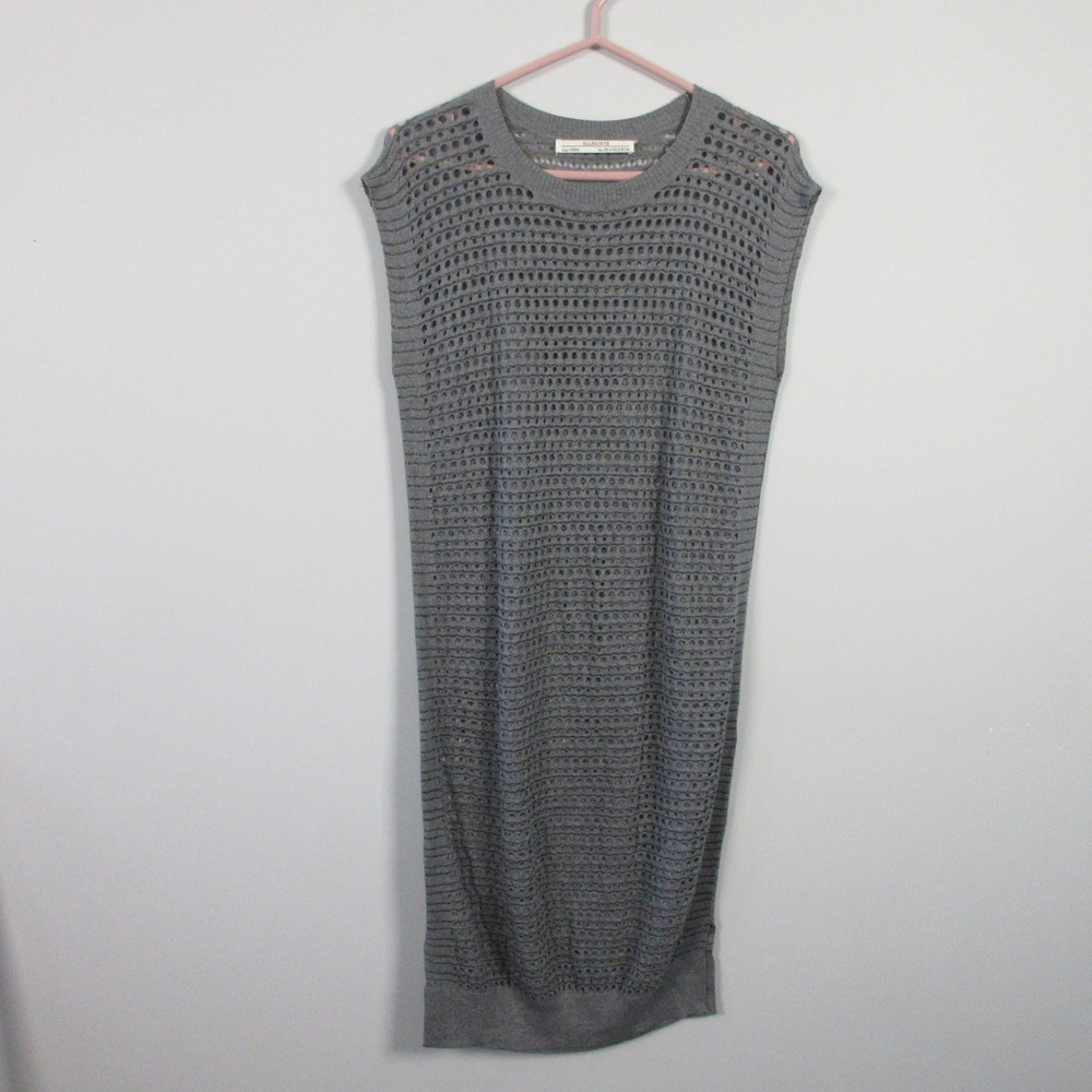 AllSaints Knit Midi Dress 10 Gray Open Weave Cotton Viscose Summer Party 142
